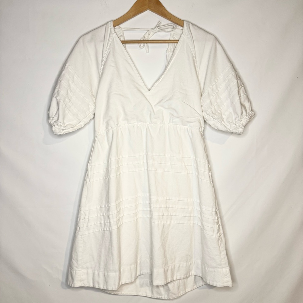 Avec Les Filles Open Back Puff Sleeve V-Neck White Cotton Mini Dress Size Small - Picture 3 of 10